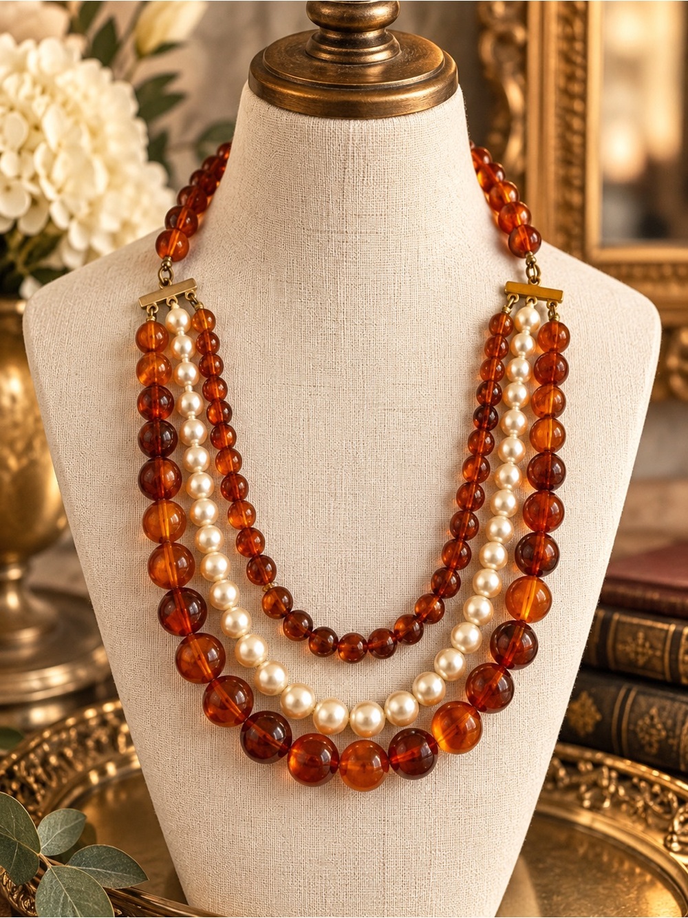 Vintage Amber Brown & Faux Pearl Triple Strand Statement Necklace